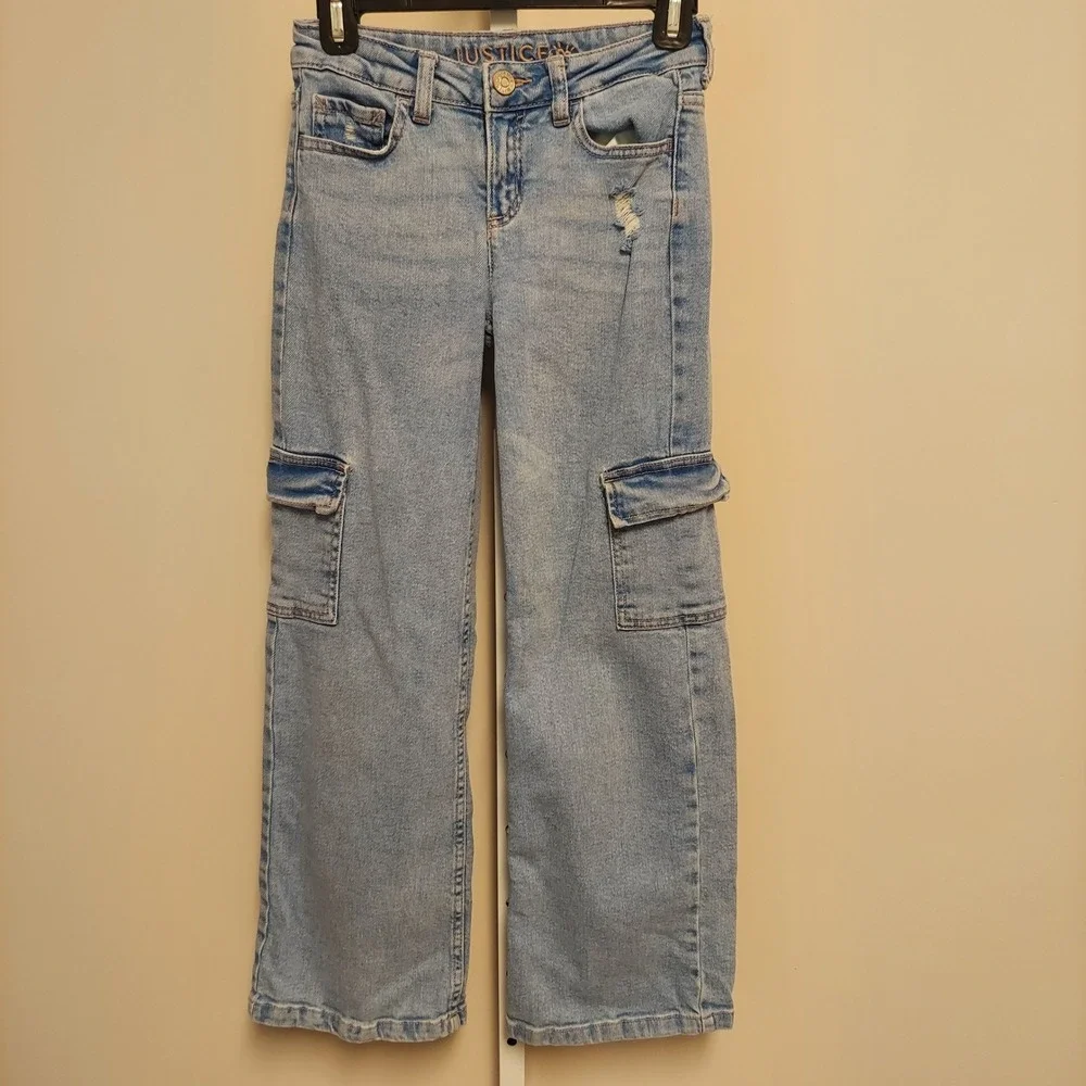 Justice Girls Cargo Jeans Light Wash Wide Leg Distressed Denim Pants Size 10